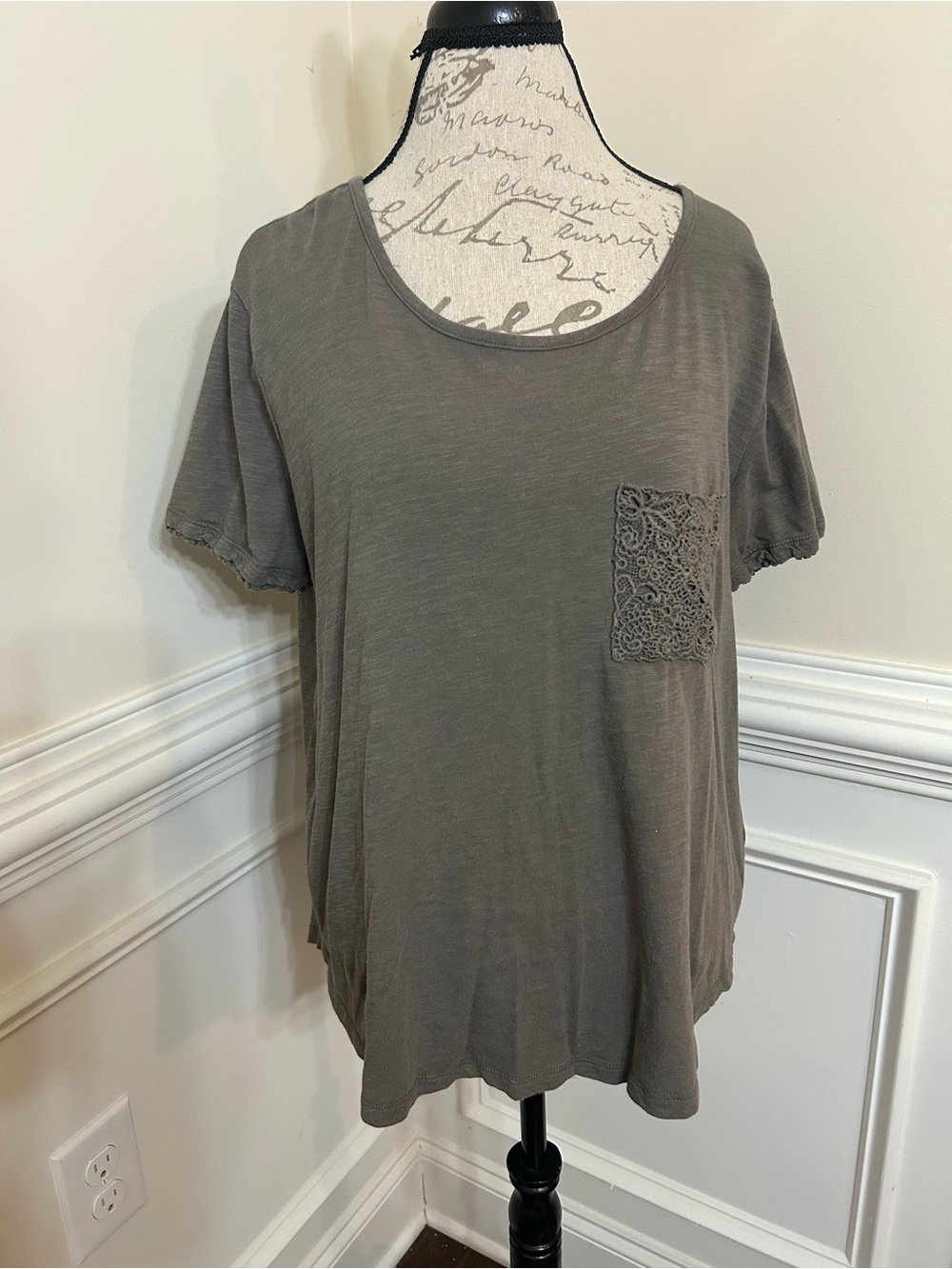 Democracy Short Sleeve Scoop Neck Tee with Lace Pocket - light brown